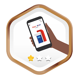Hand holding a phone with the Exxon Mobil Rewards+ app on screen.