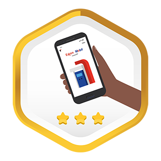 Hand holding a phone with the Exxon Mobil Rewards+ app on screen.