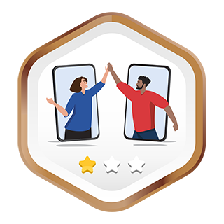 Two friends popping out of phone screens and high-fiving.