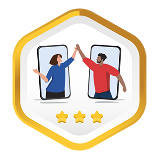 Two friends popping out of phone screens and high-fiving.