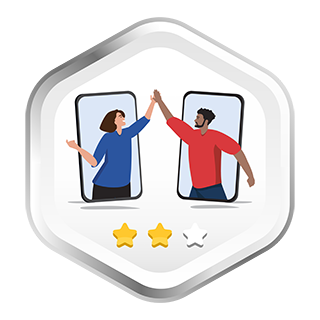 Two friends popping out of phone screens and high-fiving.